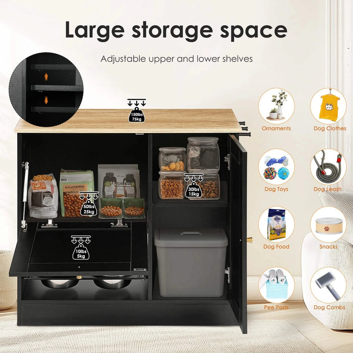 Feeding station with 2 lockers, pet feeding station with 2 elevated dog bowls, side hooks, anti-tipping kit, hidden pet feeding station for feeding and watering, rattan door, black Default -DTYStore