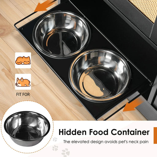 Feeding station with 2 lockers, pet feeding station with 2 elevated dog bowls, side hooks, anti-tipping kit, hidden pet feeding station for feeding and watering, rattan door, black Default -DTYStore