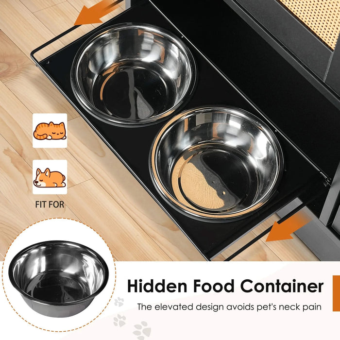 Feeding station with 2 lockers, pet feeding station with 2 elevated dog bowls, side hooks, anti-tipping kit, hidden pet feeding station for feeding and watering, rattan door, black Default -DTYStore