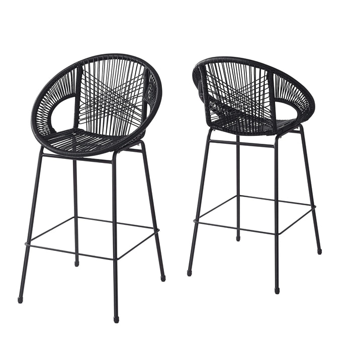 Ferrara Outdoor Patio Barstool Set of 2, Black Faux Wicker PE Rattan with Iron Frame Default -DTYStore