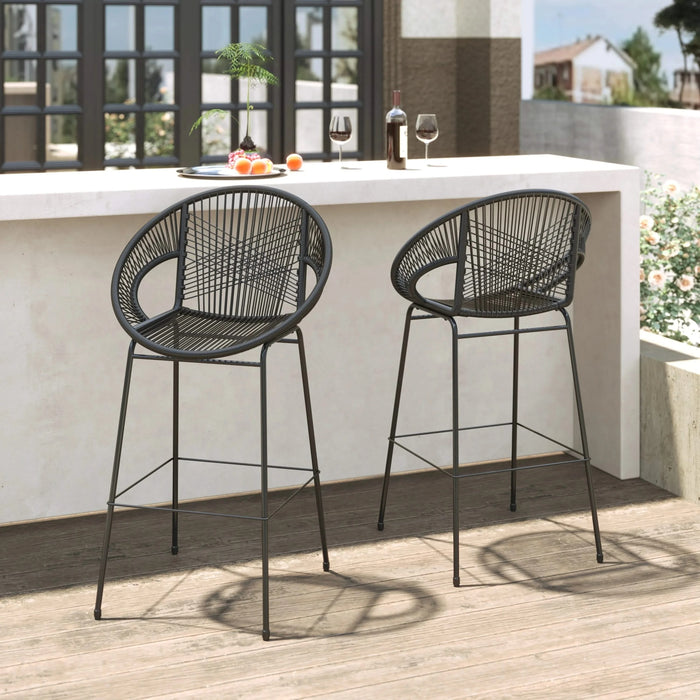 Ferrara Outdoor Patio Barstool Set of 2, Black Faux Wicker PE Rattan with Iron Frame Default -DTYStore