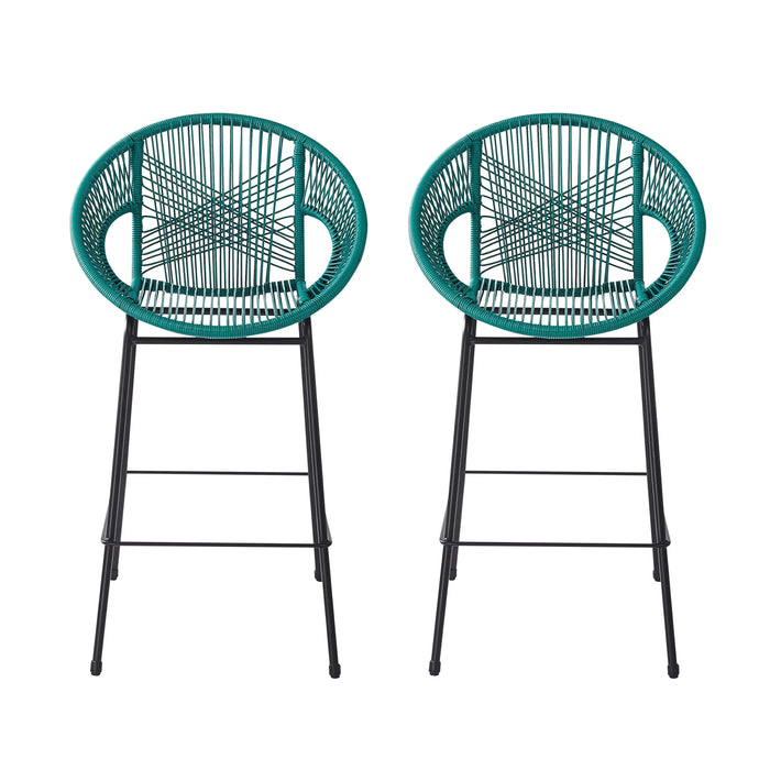 Ferrara Outdoor Patio Teal Faux Wicker Barstool Set, Durable PE Material, Ergonomic Design, Teal Wicker with Black Frame Default -DTYStore