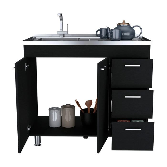 Ferretti Utility Sink with Three Drawers and Double Door Cabinet Black Default -DTYStore