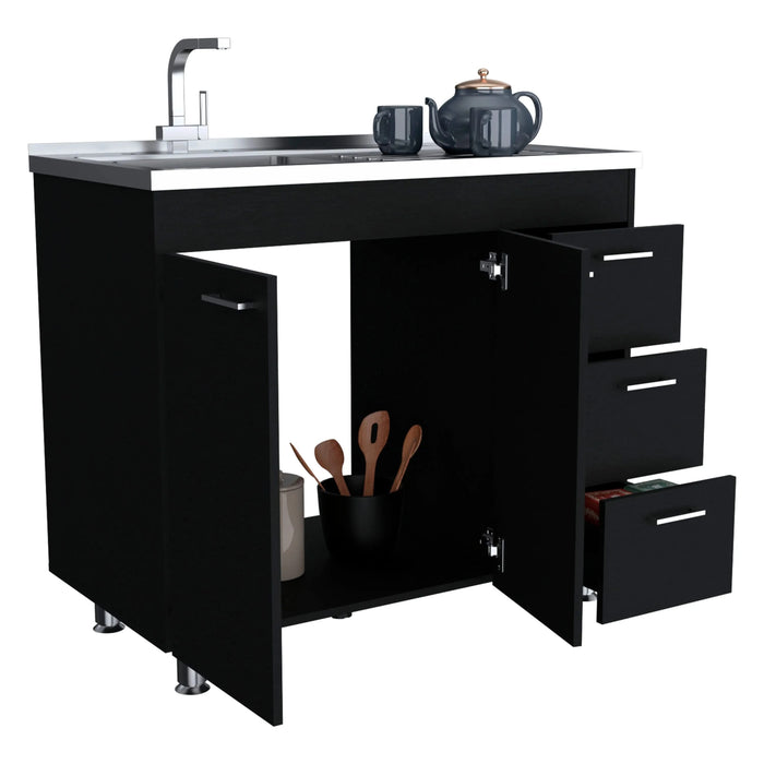 Ferretti Utility Sink with Three Drawers and Double Door Cabinet Black Default -DTYStore