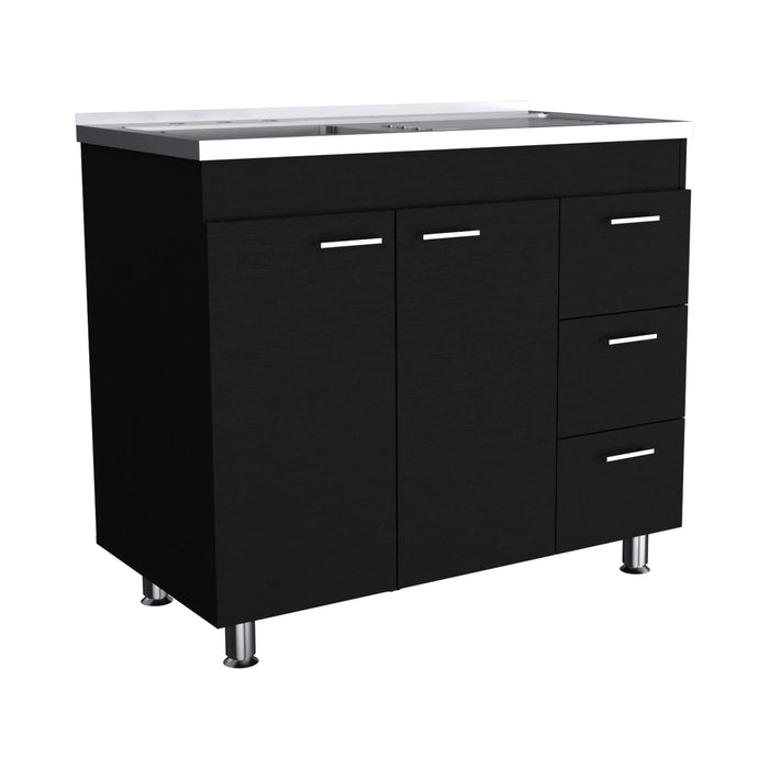 Ferretti Utility Sink with Three Drawers and Double Door Cabinet Black Default -DTYStore