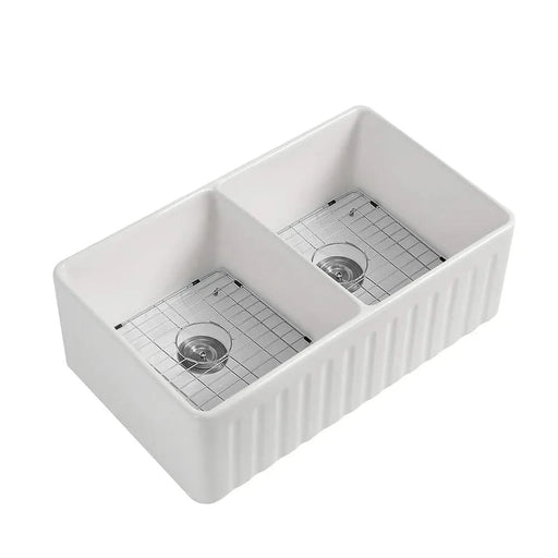 Fireclay 33' L X 20' W Double Basin Farmhouse Kitchen Sink With Grid And Strainer Default -DTYStore
