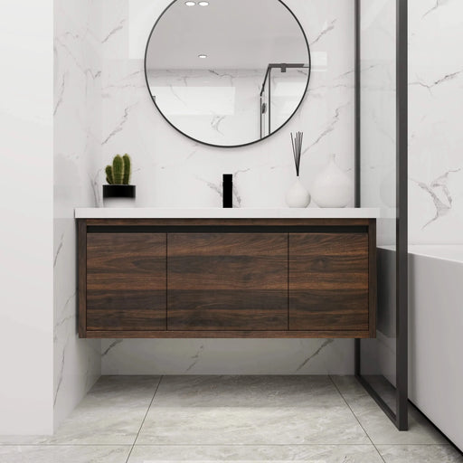 Floating 48' Bathroom Vanity with Resin Sink and Soft Close Doors, California Walnut, Plywood Default -DTYStore
