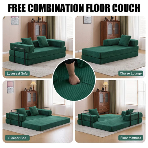 Floor Couch Compression Sofa Convertible Floor Sofa Bed with Pillow Back Support Dark Green -DTYStore