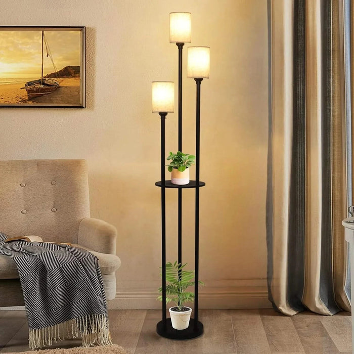 Floor Lamp with Shelves, Modern Floor Lamps for Living Room, 3-Lights Standing Lamp with Linen Shade and Foot Switch, Industrial Standing Lamps for Bedroom, Black Tall Table Lamp for Office Default -DTYStore