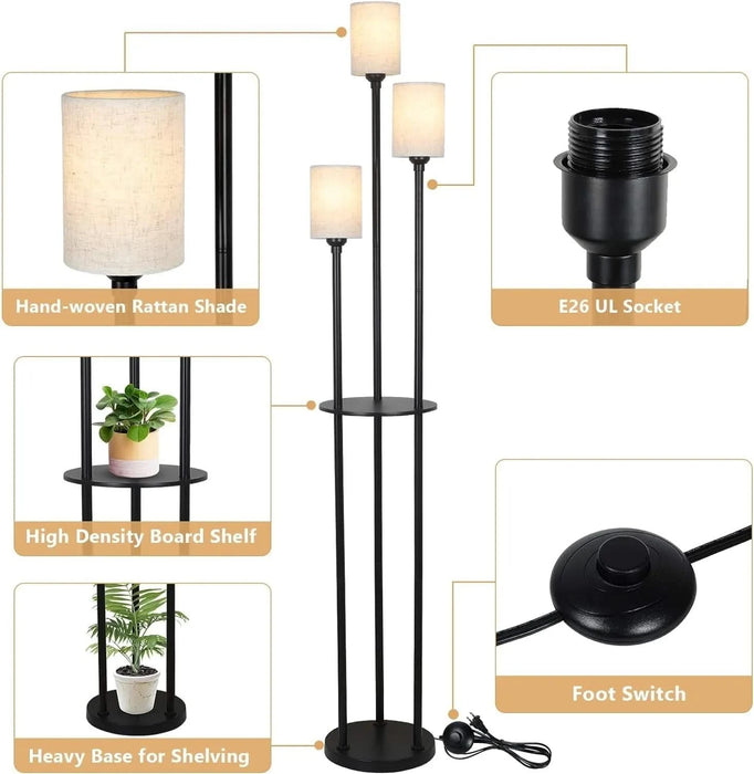 Floor Lamp with Shelves, Modern Floor Lamps for Living Room, 3-Lights Standing Lamp with Linen Shade and Foot Switch, Industrial Standing Lamps for Bedroom, Black Tall Table Lamp for Office Default -DTYStore