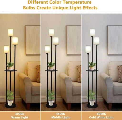 Floor Lamp with Shelves, Modern Floor Lamps for Living Room, 3-Lights Standing Lamp with Linen Shade and Foot Switch, Industrial Standing Lamps for Bedroom, Black Tall Table Lamp for Office Default -DTYStore