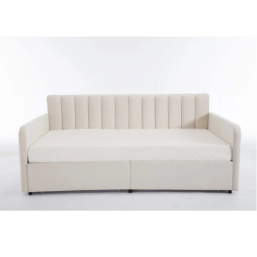 Flora Twin Upholstered Daybed with 2 Storage Drawers, Ivory Velvet with Ribbed Tufted Backrest, Modern Design Default -DTYStore