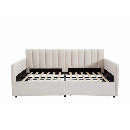 Flora Twin Upholstered Daybed with 2 Storage Drawers, Ivory Velvet with Ribbed Tufted Backrest, Modern Design Default -DTYStore