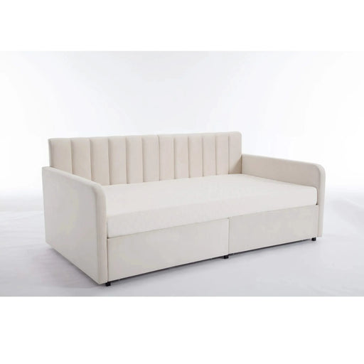 Flora Twin Upholstered Daybed with 2 Storage Drawers, Ivory Velvet with Ribbed Tufted Backrest, Modern Design Default -DTYStore
