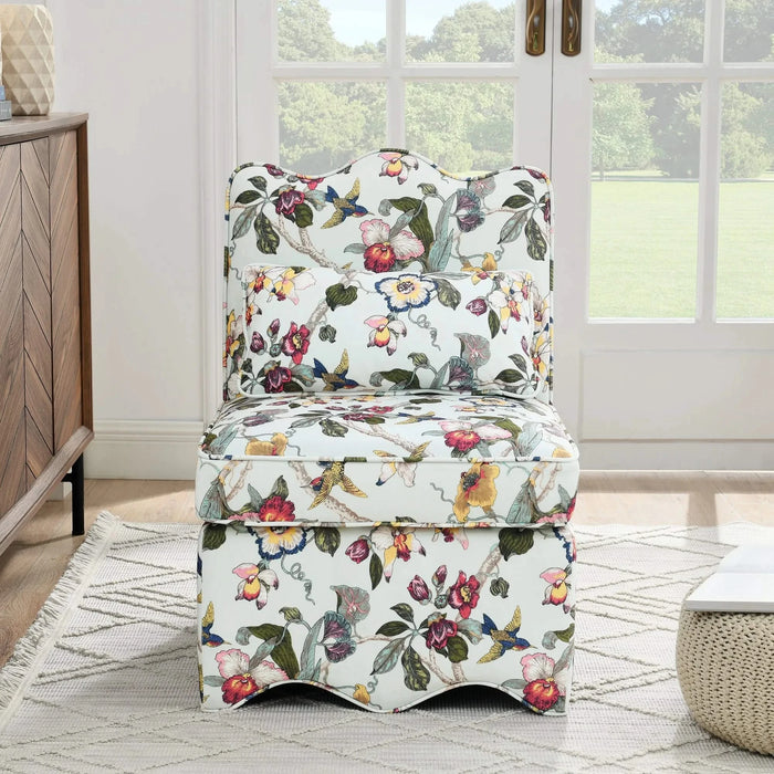 Floral Design Flannel Single Dining Chair with Cushion in Red, Wood & Foam Default -DTYStore