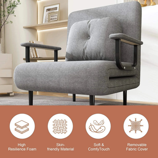 Folding Sofa Bed 5-in-1 Convertible Chair with Adjustable Backrest and Pillow, Grey Flannelette, Compact Design Default -DTYStore