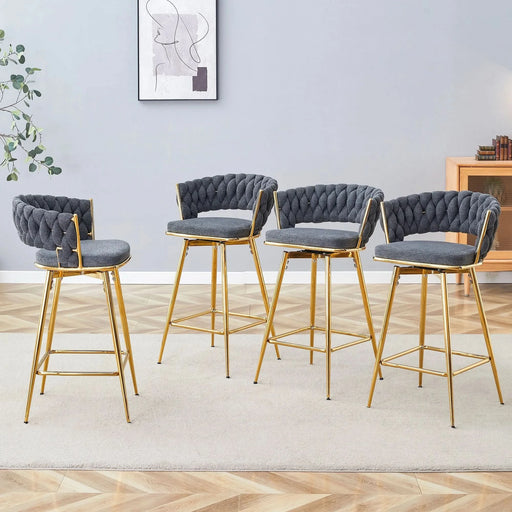 Four-piece rotating swivel chair, black cotton and linen soft seat surface, golden metal legs, rust-proof and wear-resistant, suitable for high tables in restaurants/bars Default -DTYStore