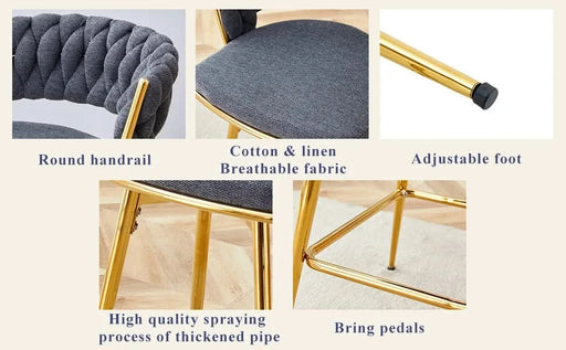 Four-piece rotating swivel chair, black cotton and linen soft seat surface, golden metal legs, rust-proof and wear-resistant, suitable for high tables in restaurants/bars Default -DTYStore