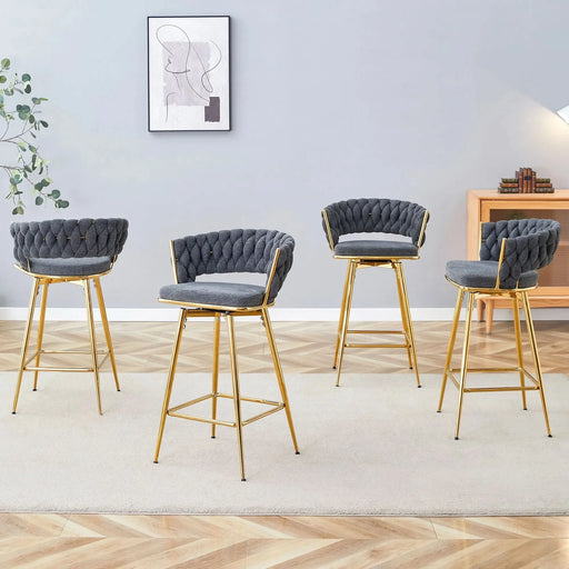 Four-piece rotating swivel chair, black cotton and linen soft seat surface, golden metal legs, rust-proof and wear-resistant, suitable for high tables in restaurants/bars Default -DTYStore