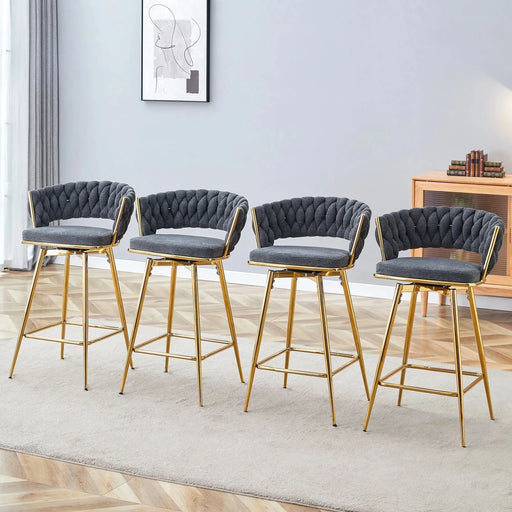 Four-piece rotating swivel chair, black cotton and linen soft seat surface, golden metal legs, rust-proof and wear-resistant, suitable for high tables in restaurants/bars Default -DTYStore