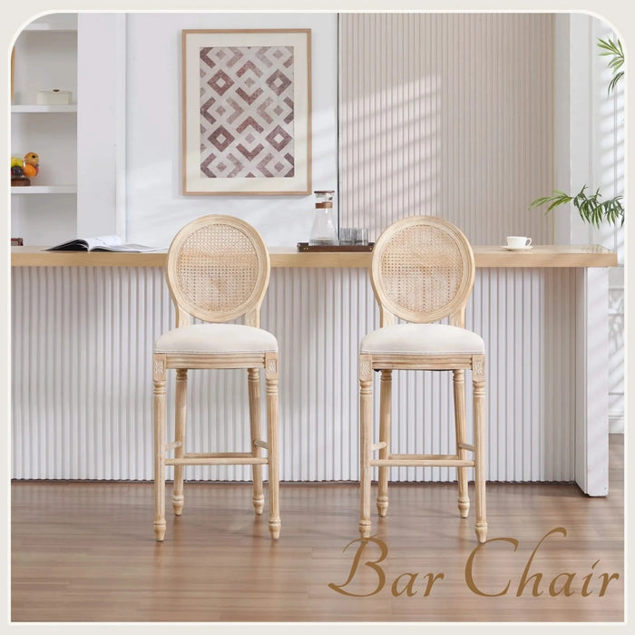 French Country 30'' Height Bar Chairs Set of 2, Upholstered Chairs with Nature Rattan Round Back, Wire drawing and carving techniques , for Living Room, Kitchen , Restaurant Use, Beige Default -DTYStore