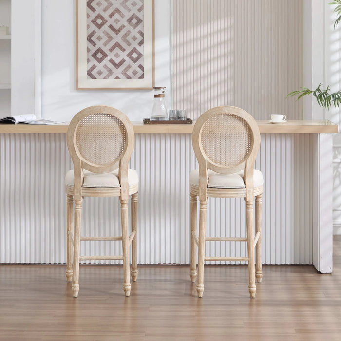 French Country 30'' Height Bar Chairs Set of 2, Upholstered Chairs with Nature Rattan Round Back, Wire drawing and carving techniques , for Living Room, Kitchen , Restaurant Use, Beige Default -DTYStore
