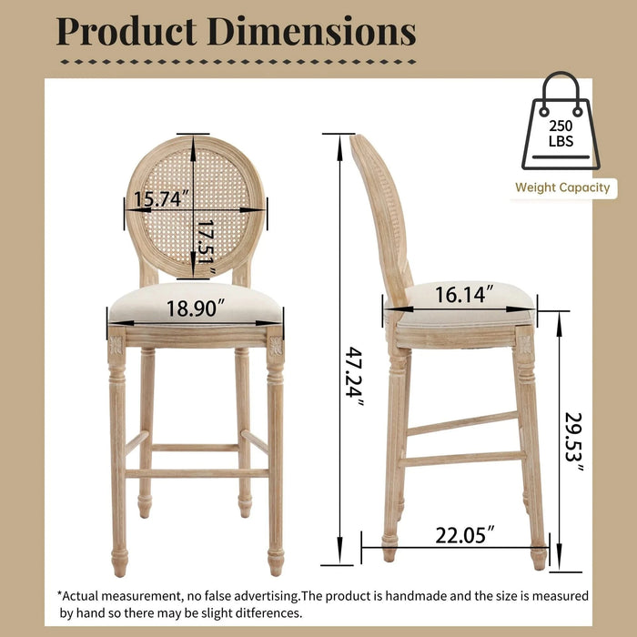French Country 30'' Height Bar Chairs Set of 2, Upholstered Chairs with Nature Rattan Round Back, Wire drawing and carving techniques , for Living Room, Kitchen , Restaurant Use, Beige Default -DTYStore