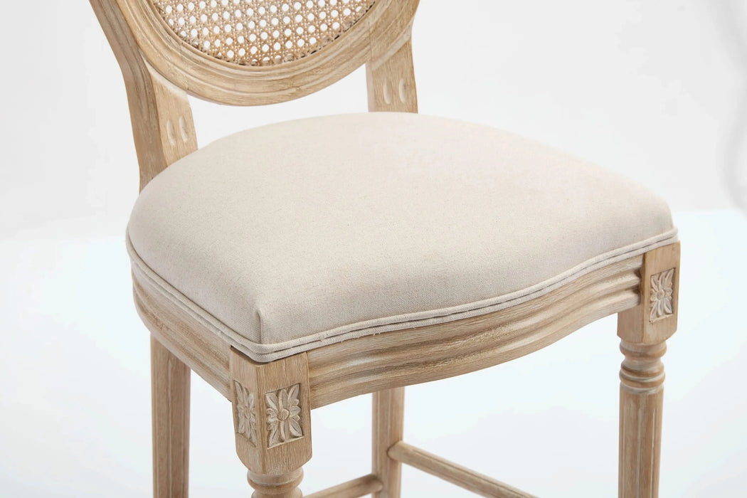 French Country 30'' Height Bar Chairs Set of 2, Upholstered Chairs with Nature Rattan Round Back, Wire drawing and carving techniques , for Living Room, Kitchen , Restaurant Use, Beige Default -DTYStore