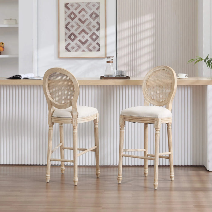 French Country 30'' Height Bar Chairs Set of 2, Upholstered Chairs with Nature Rattan Round Back, Wire drawing and carving techniques , for Living Room, Kitchen , Restaurant Use, Beige Default -DTYStore