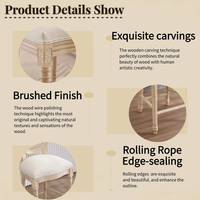 French Country 30'' Height Bar Chairs Set of 2, Upholstered Chairs with Nature Rattan Round Back, Wire drawing and carving techniques , for Living Room, Kitchen , Restaurant Use, Beige Default -DTYStore