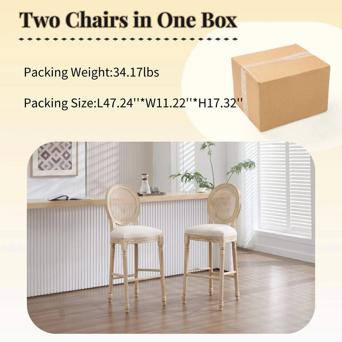 French Country 30'' Height Bar Chairs Set of 2, Upholstered Chairs with Nature Rattan Round Back, Wire drawing and carving techniques , for Living Room, Kitchen , Restaurant Use, Beige Default -DTYStore