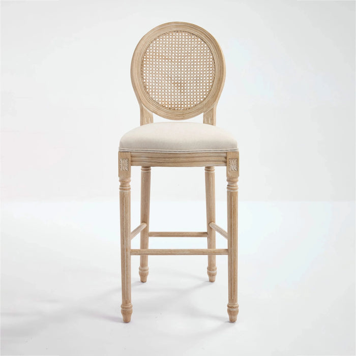 French Country 30'' Height Bar Chairs Set of 2, Upholstered Chairs with Nature Rattan Round Back, Wire drawing and carving techniques , for Living Room, Kitchen , Restaurant Use, Beige Default -DTYStore