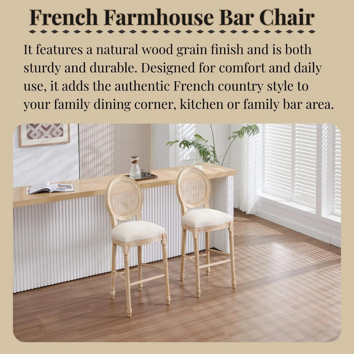 French Country 30'' Height Bar Chairs Set of 2, Upholstered Chairs with Nature Rattan Round Back, Wire drawing and carving techniques , for Living Room, Kitchen , Restaurant Use, Beige Default -DTYStore