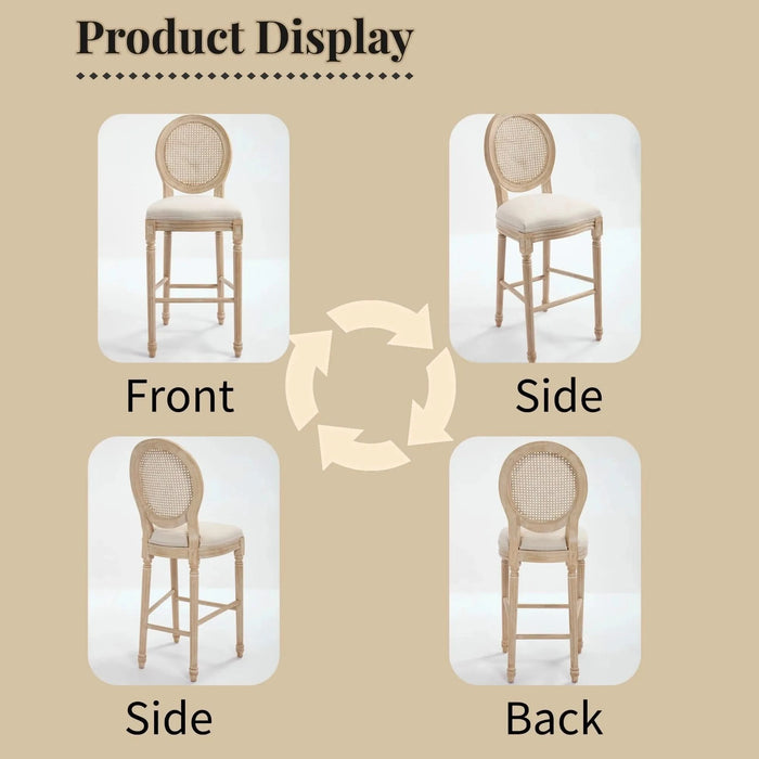 French Country 30'' Height Bar Chairs Set of 2, Upholstered Chairs with Nature Rattan Round Back, Wire drawing and carving techniques , for Living Room, Kitchen , Restaurant Use, Beige Default -DTYStore