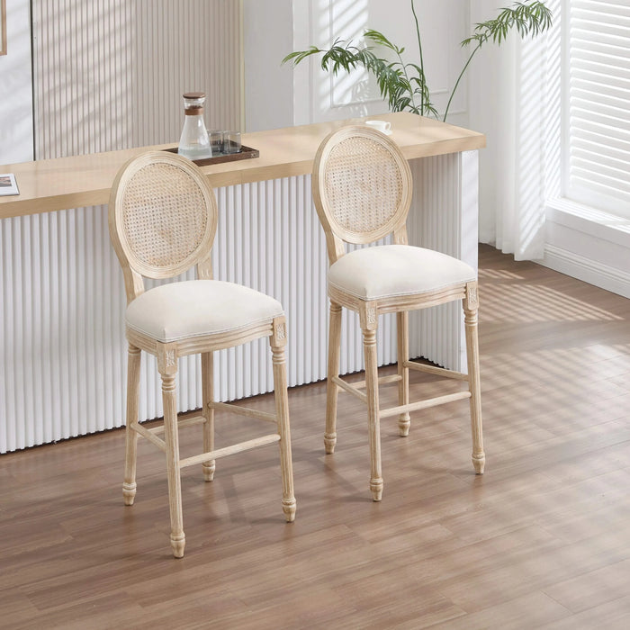 French Country 30'' Height Bar Chairs Set of 2, Upholstered Chairs with Nature Rattan Round Back, Wire drawing and carving techniques , for Living Room, Kitchen , Restaurant Use, Beige Default -DTYStore