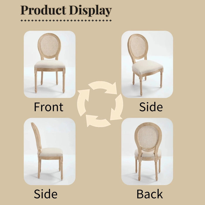 French Country Dining Chairs Set of 2, Upholstered Chairs with Nature Rattan Round Back, Wire drawing and carving techniques ,Disassemblable , for Living Room, Kitchen , Restaurant Use,Beige Default -DTYStore