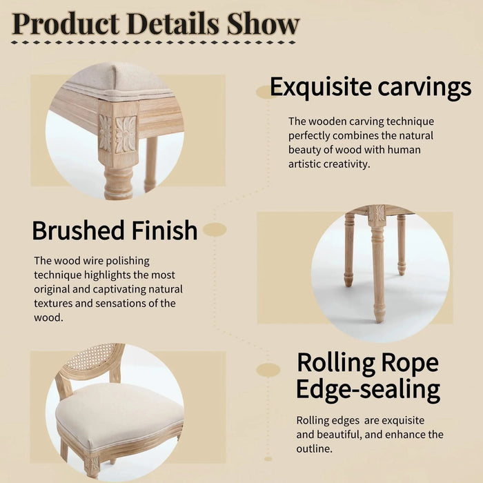 French Country Dining Chairs Set of 2, Upholstered Chairs with Nature Rattan Round Back, Wire drawing and carving techniques ,Disassemblable , for Living Room, Kitchen , Restaurant Use,Beige Default -DTYStore