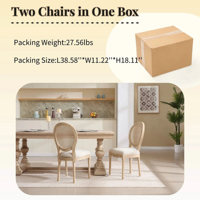 French Country Dining Chairs Set of 2, Upholstered Chairs with Nature Rattan Round Back, Wire drawing and carving techniques ,Disassemblable , for Living Room, Kitchen , Restaurant Use,Beige Default -DTYStore