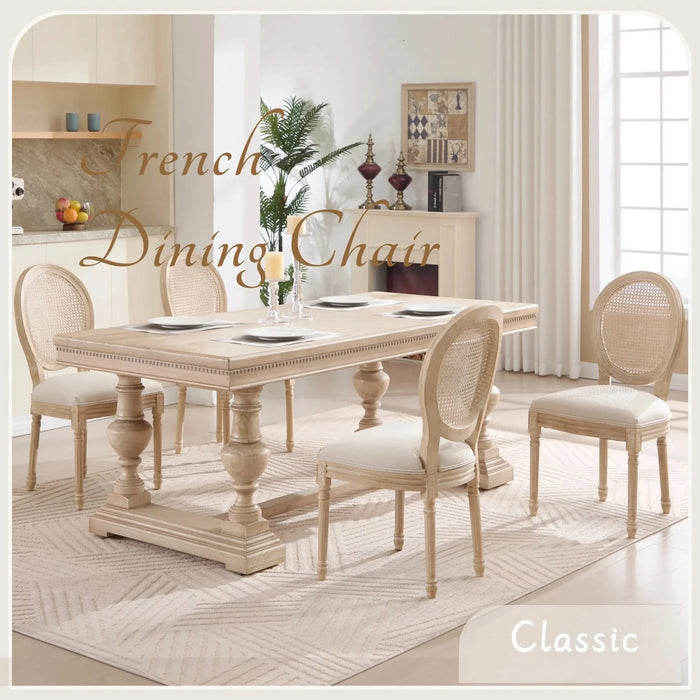 French Country Dining Chairs Set of 2, Upholstered Chairs with Nature Rattan Round Back, Wire drawing and carving techniques ,Disassemblable , for Living Room, Kitchen , Restaurant Use,Beige Default -DTYStore