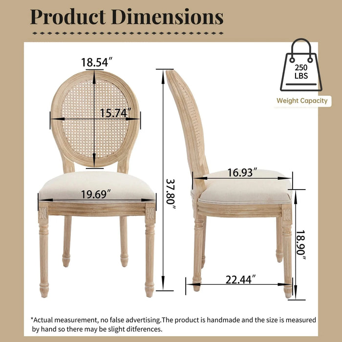 French Country Dining Chairs Set of 2, Upholstered Chairs with Nature Rattan Round Back, Wire drawing and carving techniques ,Disassemblable , for Living Room, Kitchen , Restaurant Use,Beige Default -DTYStore