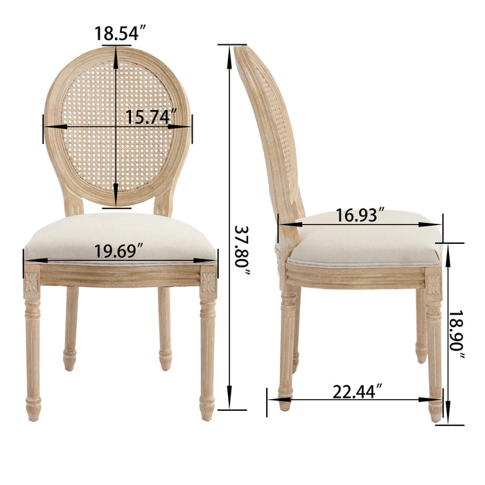French Country Dining Chairs Set of 2, Upholstered Chairs with Nature Rattan Round Back, Wire drawing and carving techniques ,Disassemblable , for Living Room, Kitchen , Restaurant Use,Beige Default -DTYStore
