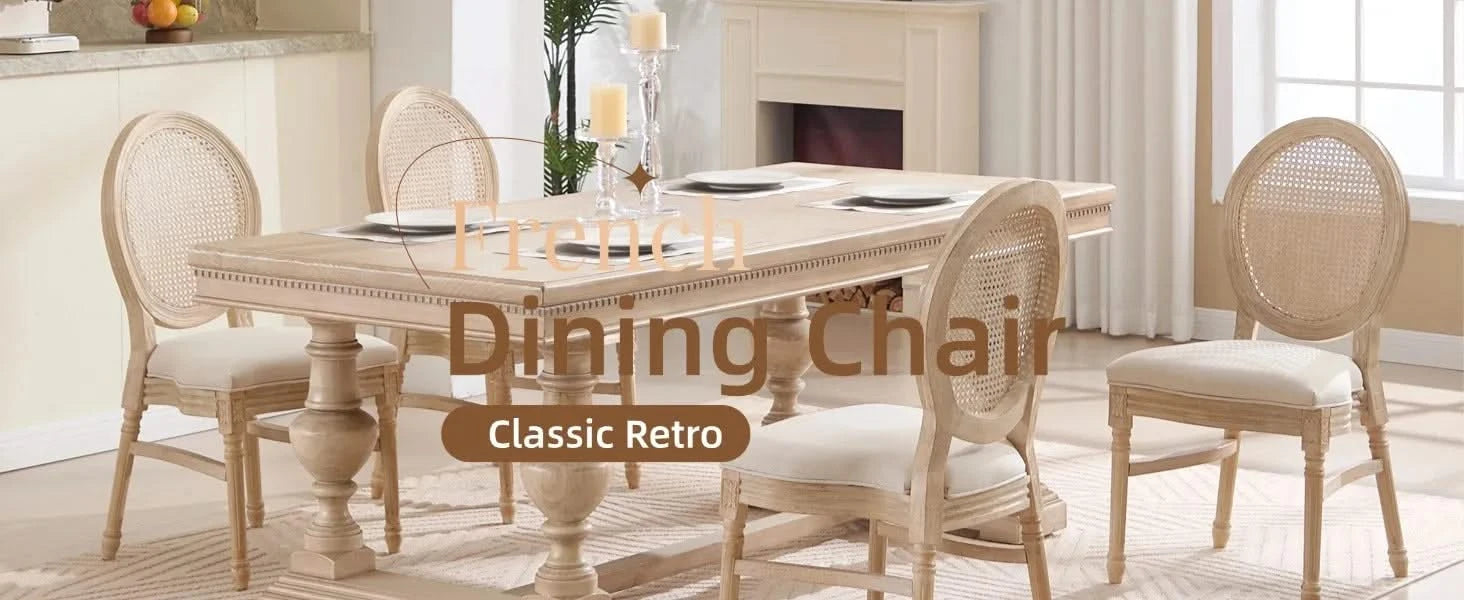 French Country Dining Chairs Set of 2, Upholstered Chairs with Nature Rattan Round Back, Wire drawing and carving techniques ,Disassemblable and Stackable, for Living Room, Kitchen , Restaurant Use Default -DTYStore