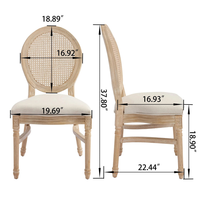 French Country Dining Chairs Set of 2, Upholstered Chairs with Nature Rattan Round Back, Wire drawing and carving techniques ,Disassemblable and Stackable, for Living Room, Kitchen , Restaurant Use Default -DTYStore