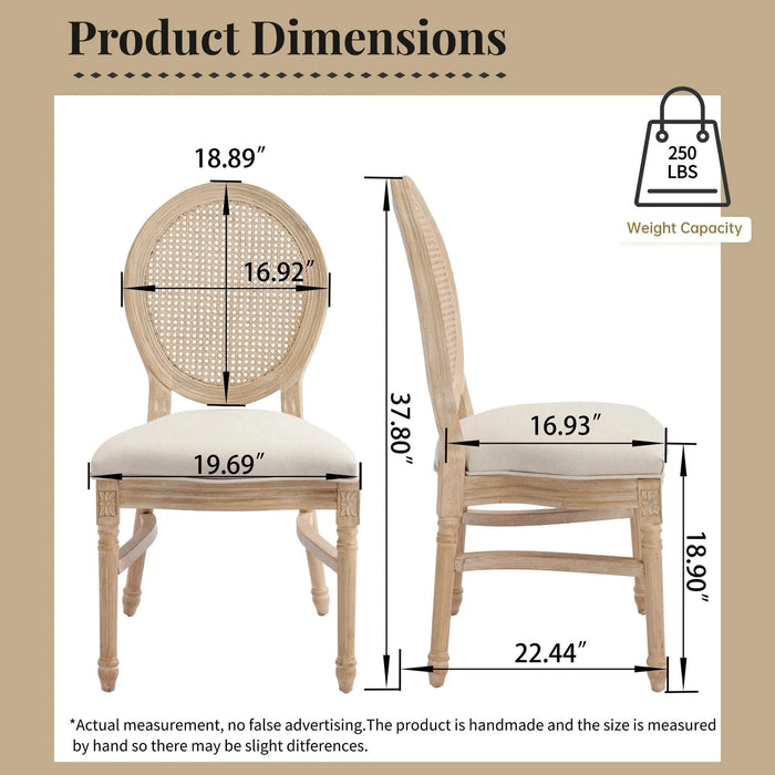 French Country Dining Chairs Set of 2, Upholstered Chairs with Nature Rattan Round Back, Wire drawing and carving techniques ,Disassemblable and Stackable, for Living Room, Kitchen , Restaurant Use Default -DTYStore