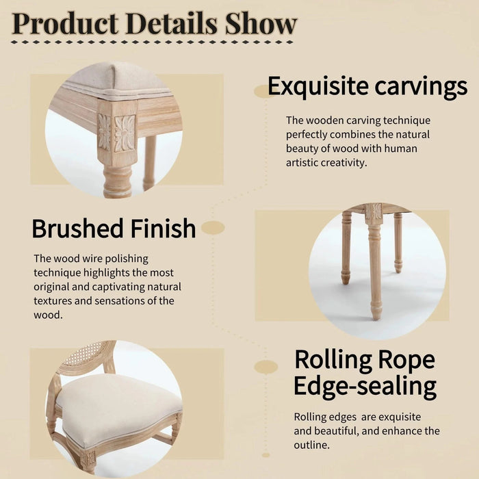 French Country Dining Chairs Set of 2, Upholstered Chairs with Nature Rattan Round Back, Wire drawing and carving techniques ,Disassemblable and Stackable, for Living Room, Kitchen , Restaurant Use Default -DTYStore