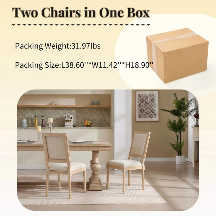 French Country Dining Chairs Set of 2, Upholstered Chairs with Square Back, Wire drawing and carving techniques ,Disassemblable , for Living Room, Kitchen , Restaurant Use, Beige Default -DTYStore