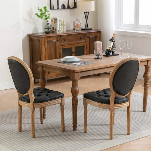 French Style Solid Wood Frame Antique Painting,Hand-pulled buckle decoration PU artificial leather Dining Chair with Nailhead Trim ,Wood Legs,Set of 2,Black,SW1839BK Default -DTYStore