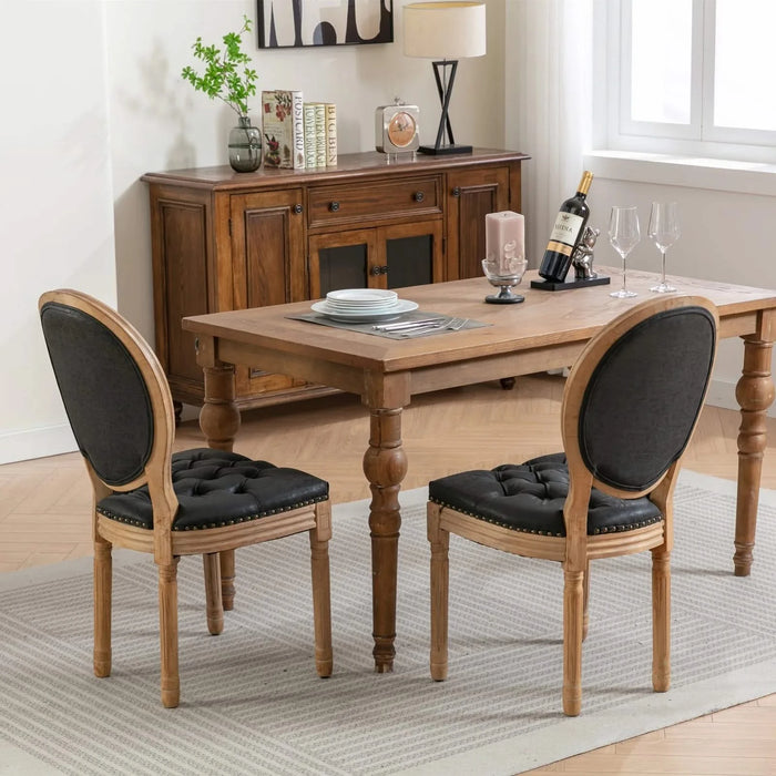 French Style Solid Wood Frame Antique Painting,Hand-pulled buckle decoration PU artificial leather Dining Chair with Nailhead Trim ,Wood Legs,Set of 2,Black,SW1839BK Default -DTYStore