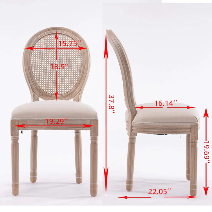 French Style Solid Wood Frame Linen Fabric Rattan Back Dining Chair,Set of 2,Cream Default -DTYStore