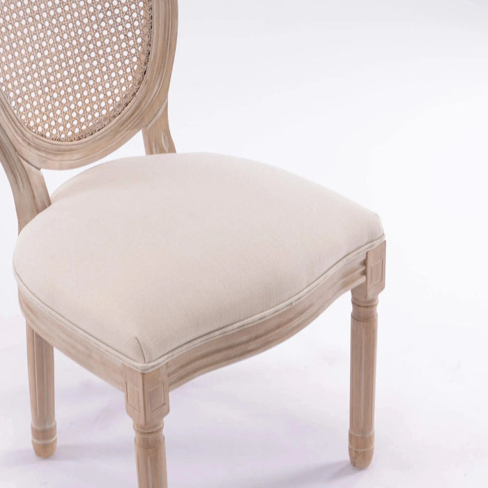 French Style Solid Wood Frame Linen Fabric Rattan Back Dining Chair,Set of 2,Cream Default -DTYStore